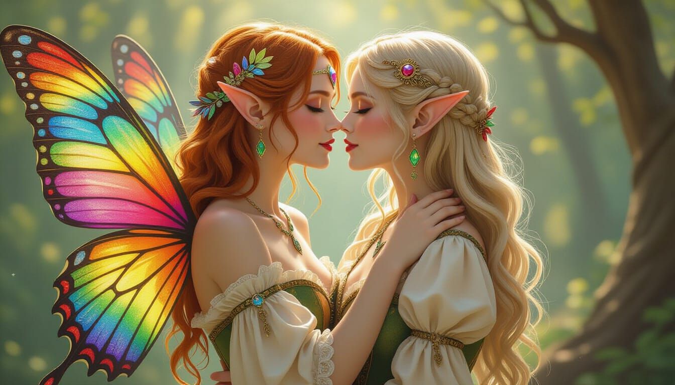 Rainbow Faerie and Elf in Tender Kiss