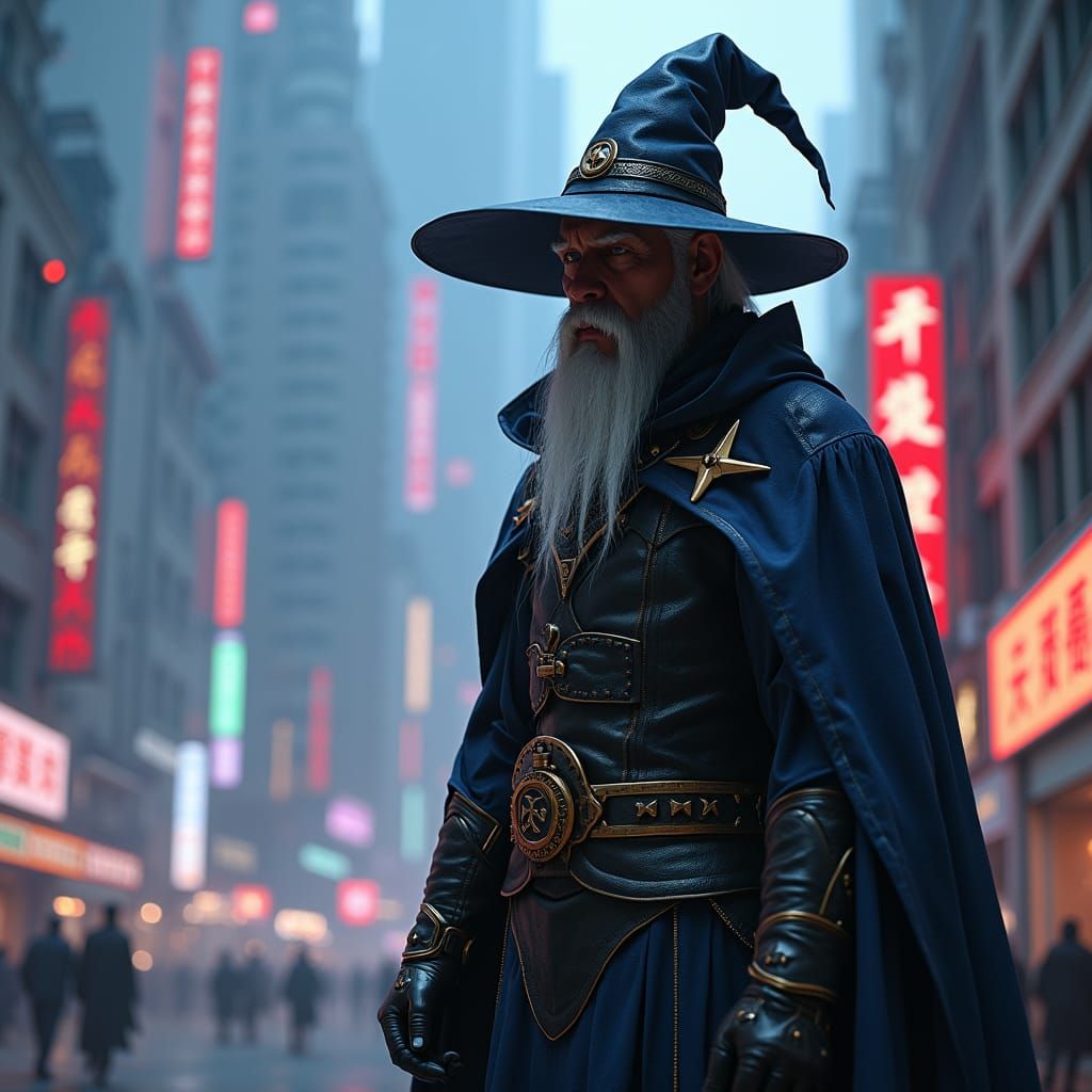 Cyberpunk Wizard in Futuristic Cityscape