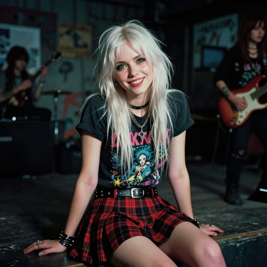 Punk Rock Woman Poses in Band T-Shirt and Plaid Skirt