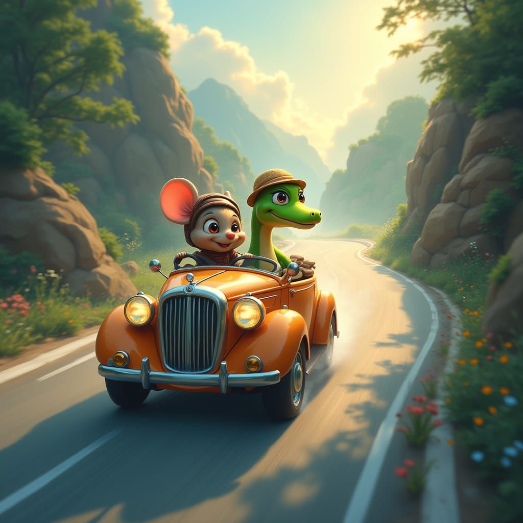 Cartoon Mouse and Snake Drive Down Fantasy Highway