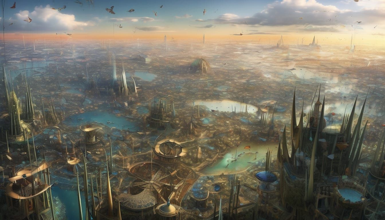 3D above view beautiful solarpunk aetherpunk idyllic utopian...