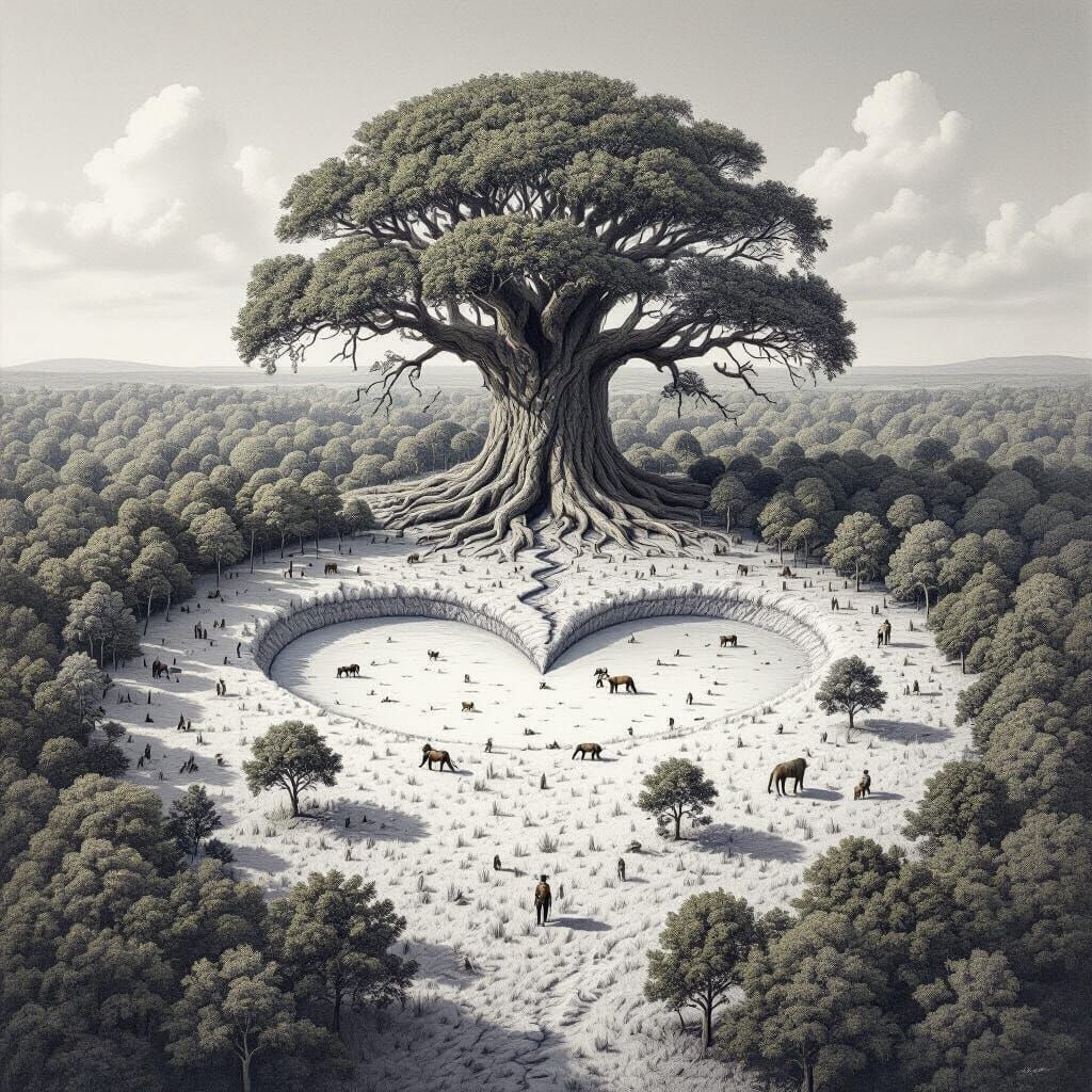 Detailed Pencil Drawing of Aerial Landscape with Giant Tree