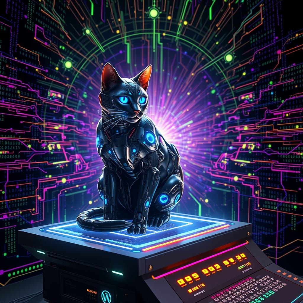 Cybernetic Cat Conjures Neon Matrix in Hyperrealistic 8K Ren...