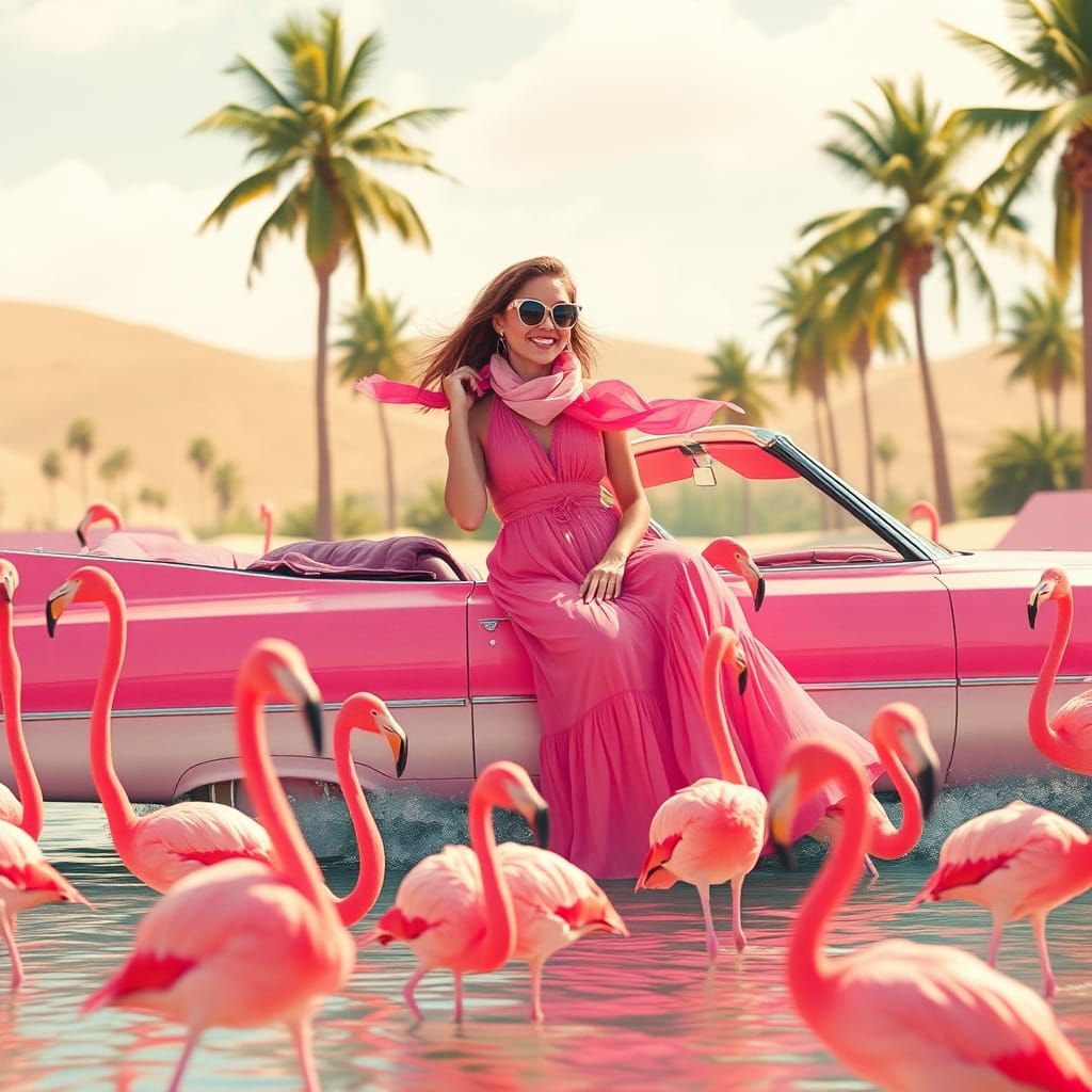 Pink Cadillac Dream: Surreal 70s Flamingo Drive