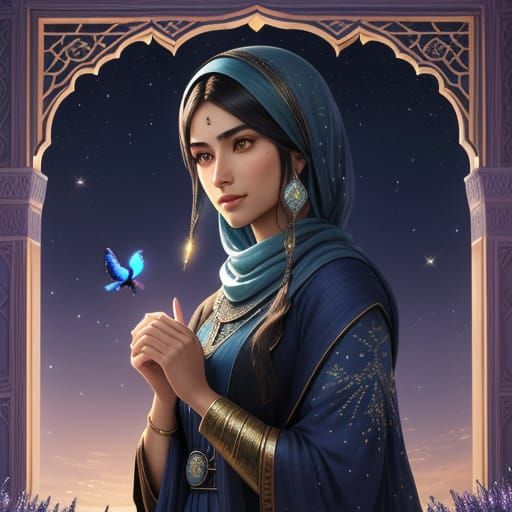 North African Woman with Songbird: Digital Art