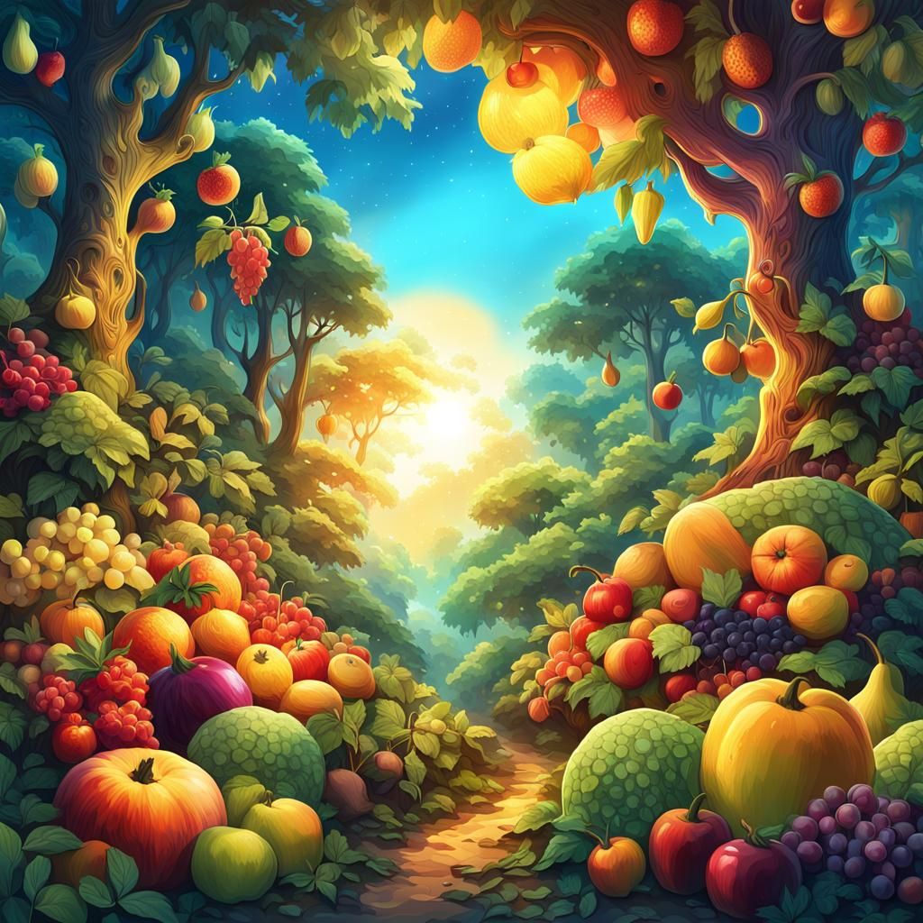 Lush Forest Overflowing with Fruits: Digital Art