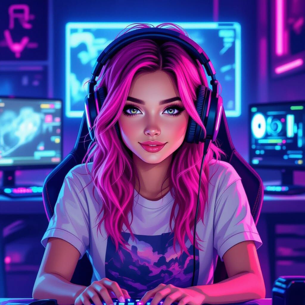 Pink Haired Gamer Girl in Neon Room Digital Art