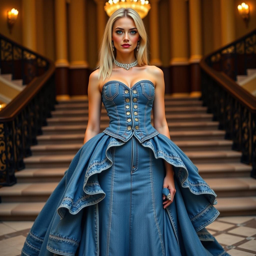 Denim Ball Gown Model on Grand Staircase
