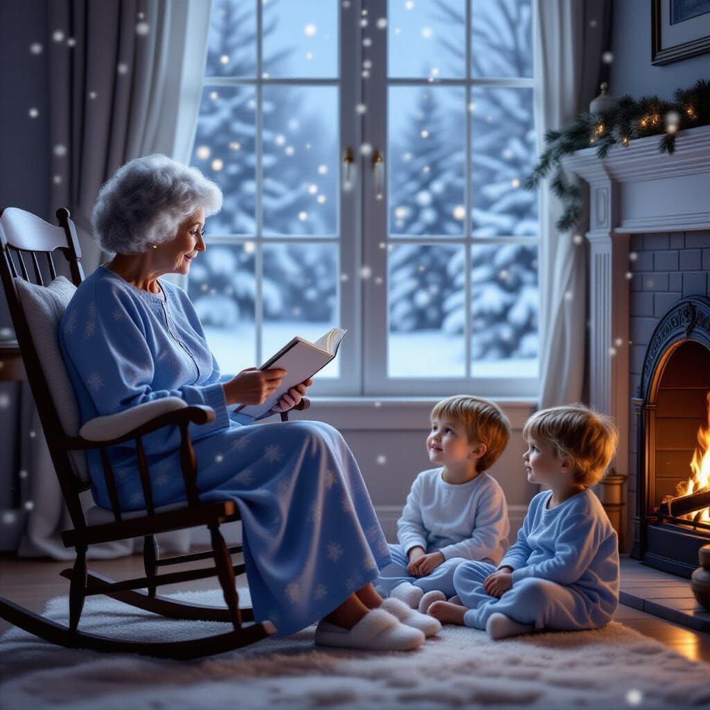 Elderly Woman Shares Stories with Great-Grandchildren by Fir...