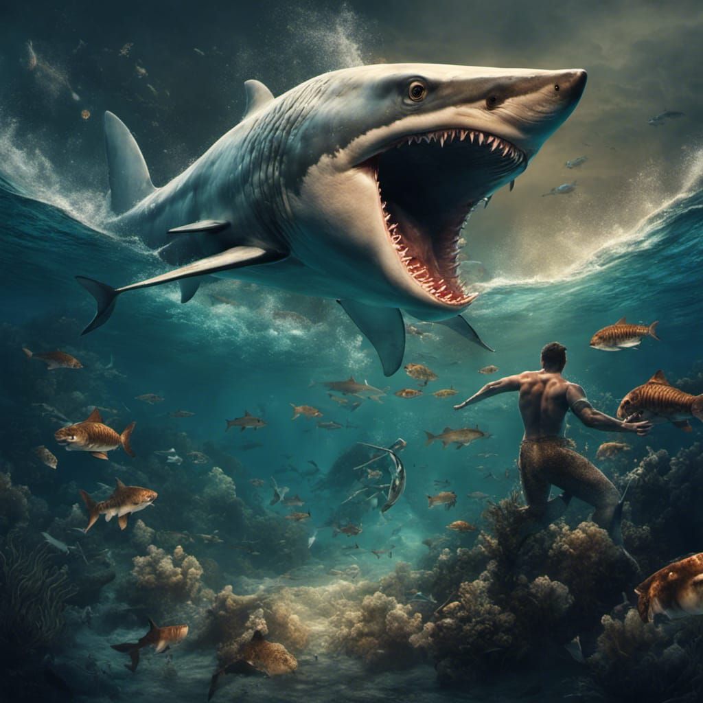 Cartoony shark vs Muscle dude