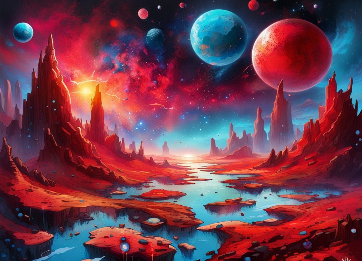 Galactic Landscape with Crystal Cities as Graffiti Art