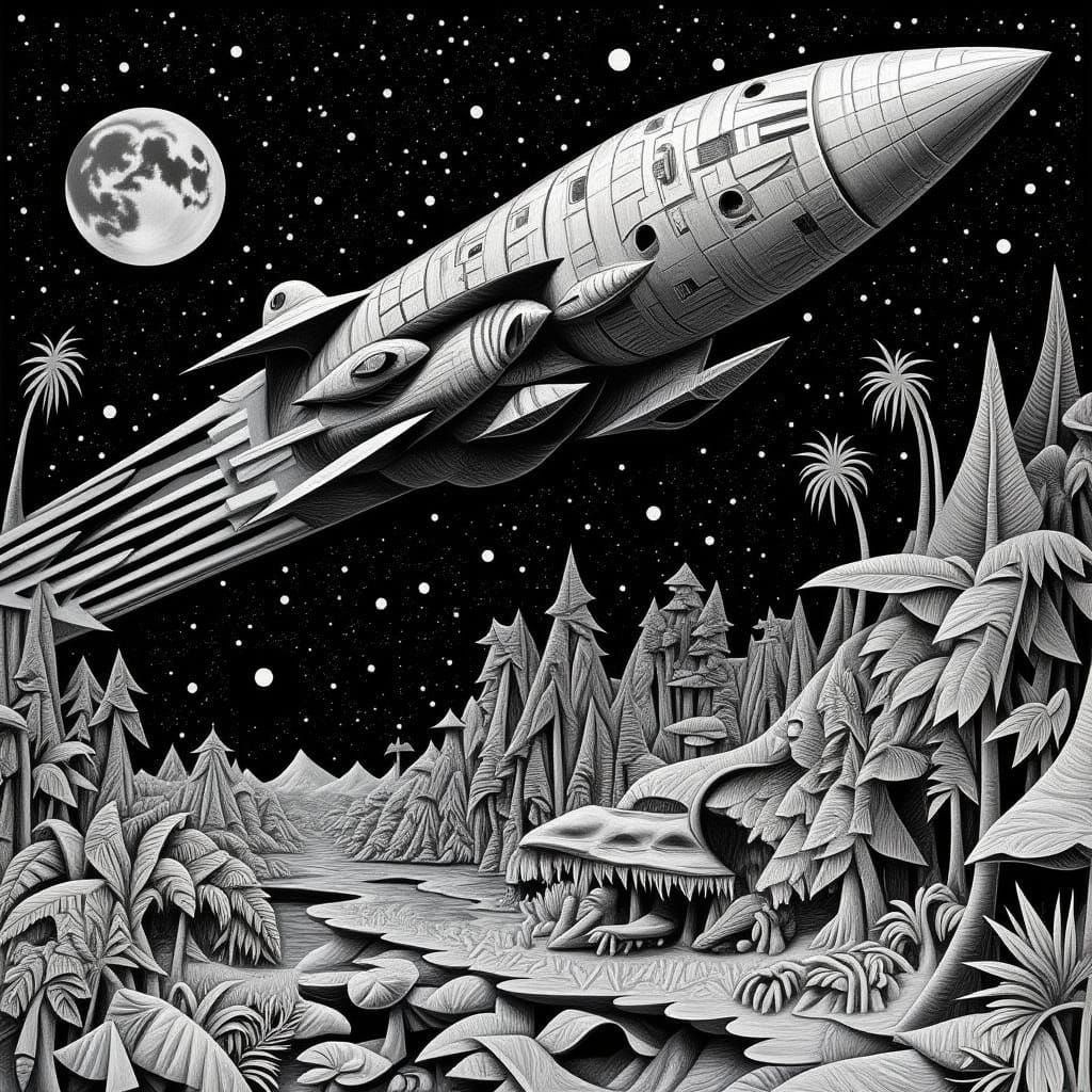 Hyperdetailed Charcoal Drawing of Rocket Ship