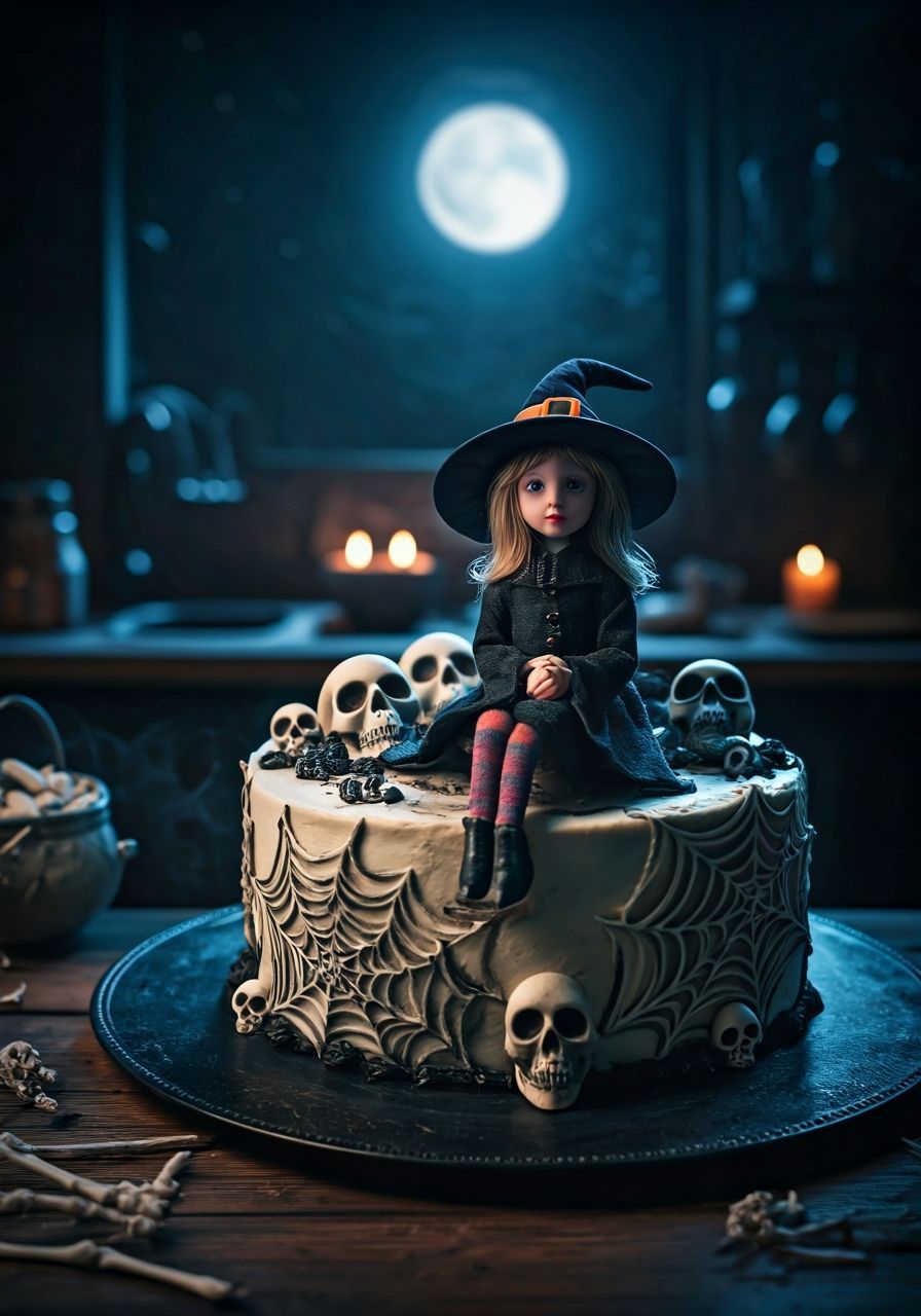 Cute Witch on Halloween Cake in Spooky Kitchen