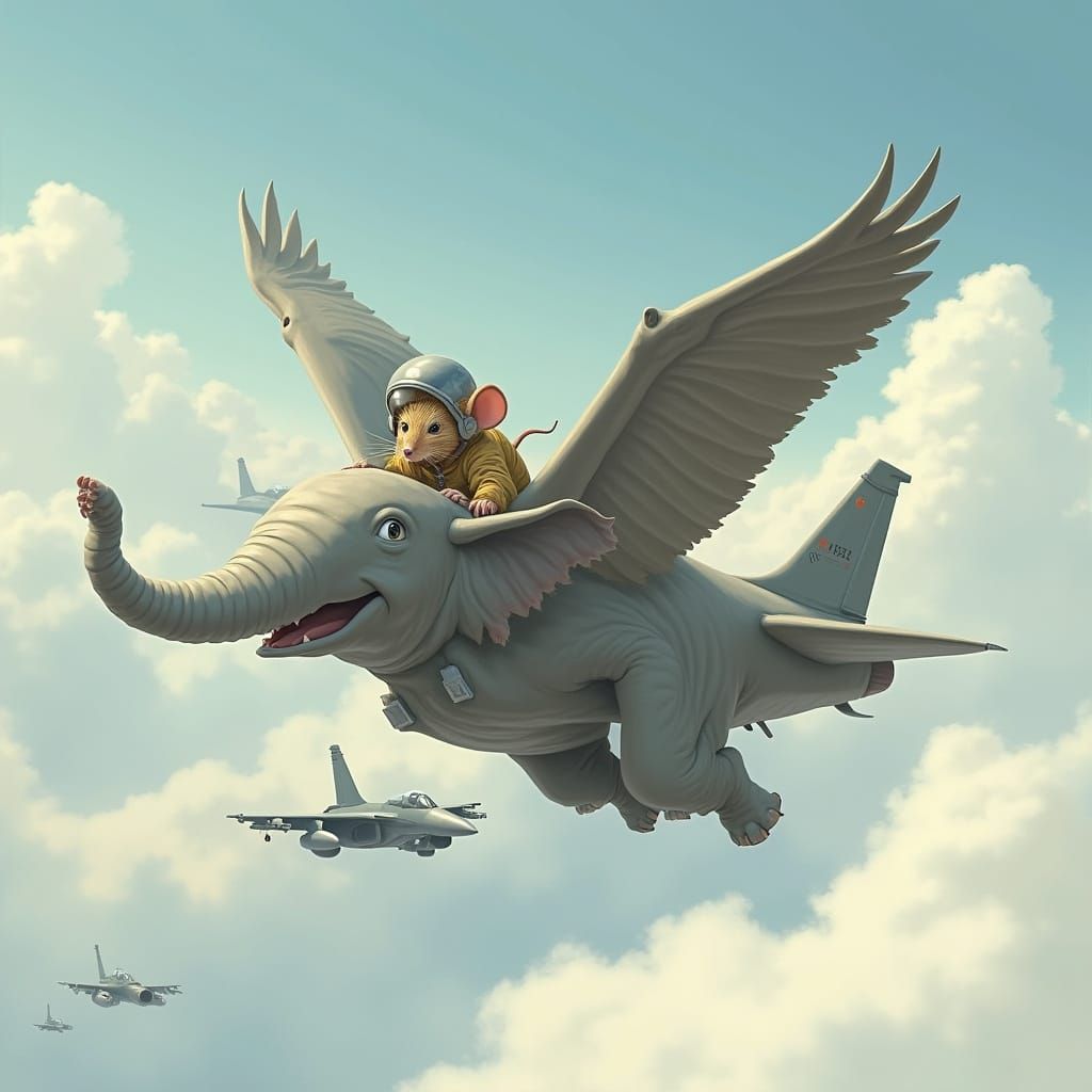 Flying Elephant Piloted by Mouse, Futuristic Digital Art
