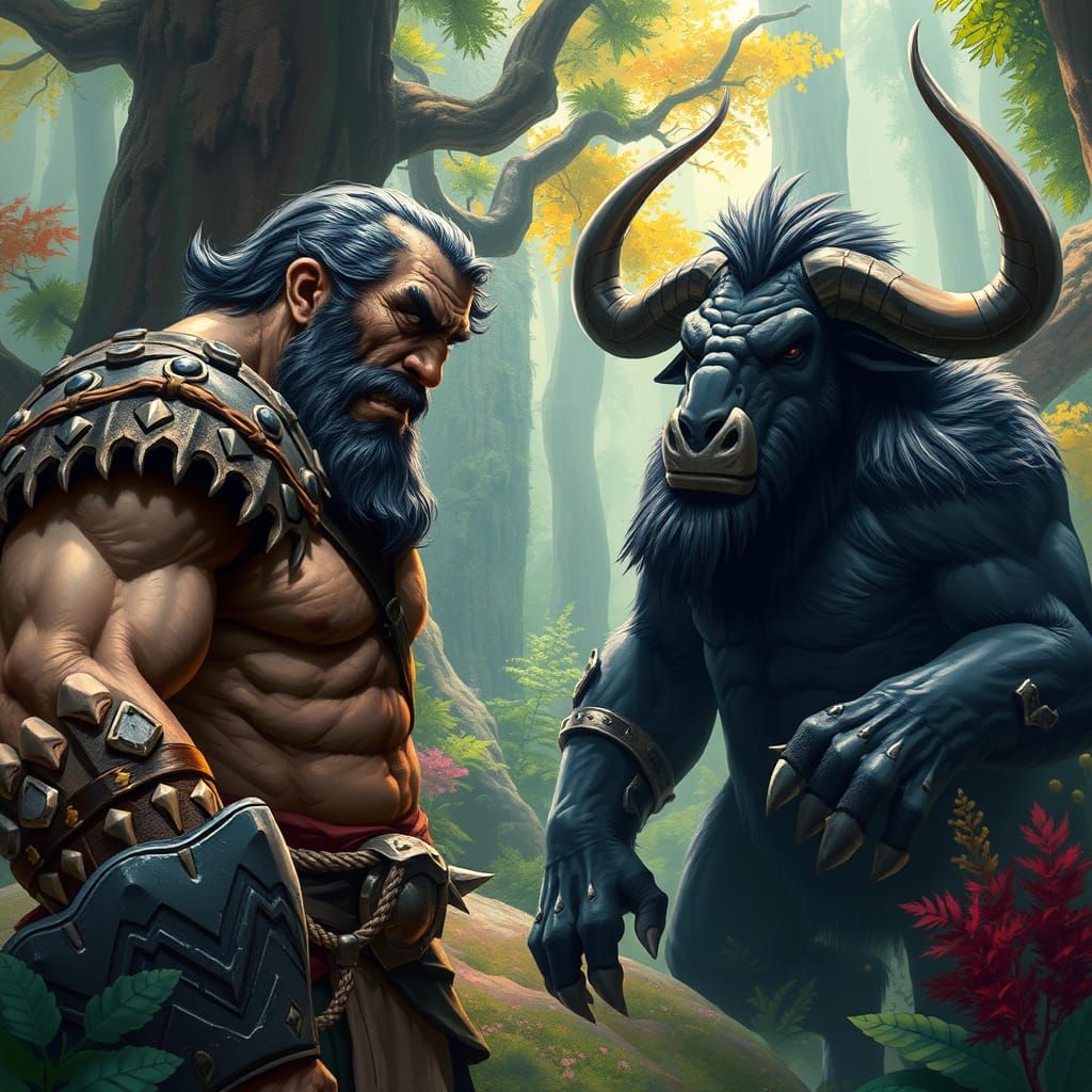 An stone-skin grumpy barbarian talks to a brave black minota...