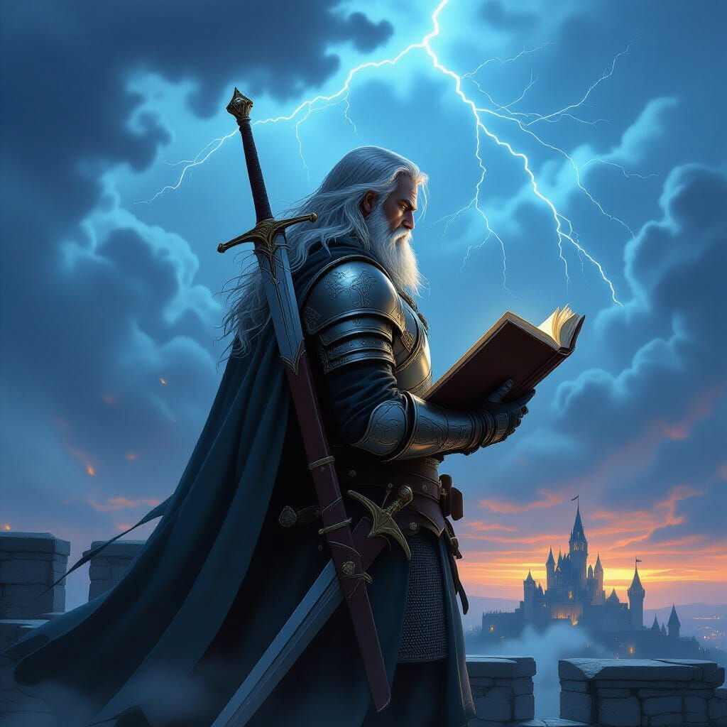 Knight with Sword and Book on Castle Battlement