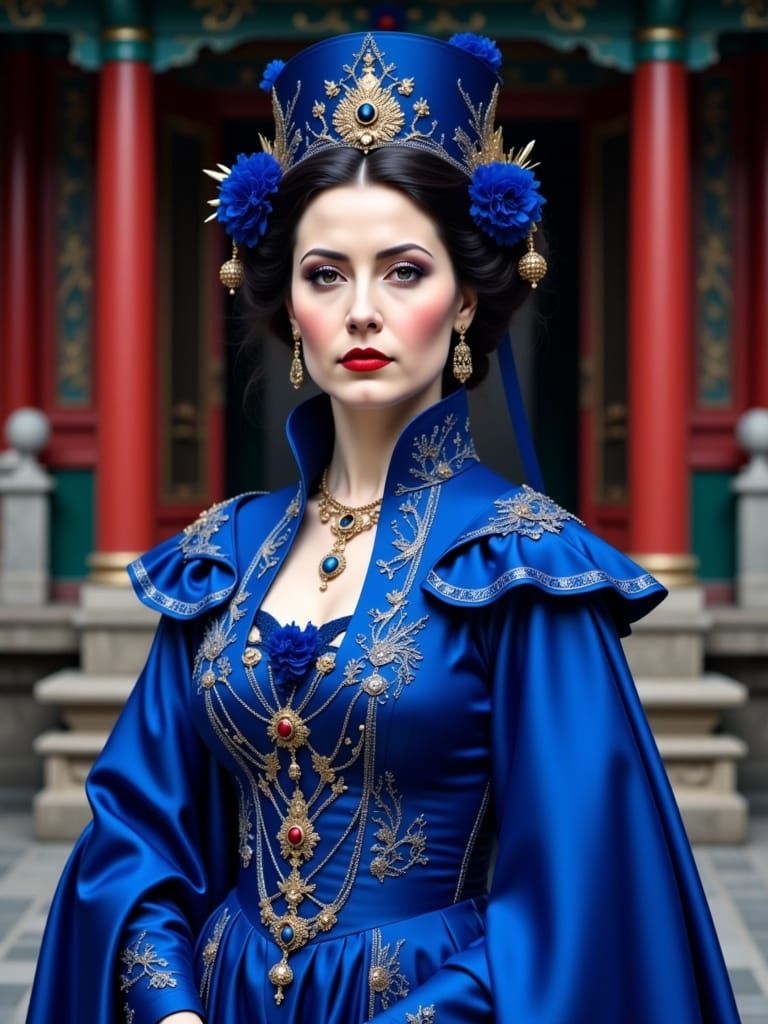 Chinese Witch in Cobalt Gown at Ancient Temple