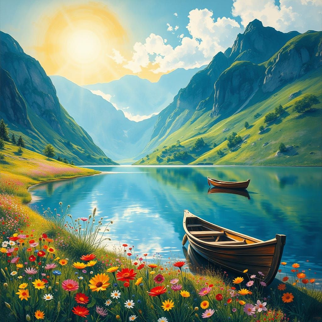 Serene Mountain Meadow in Vibrant Impressionist Style