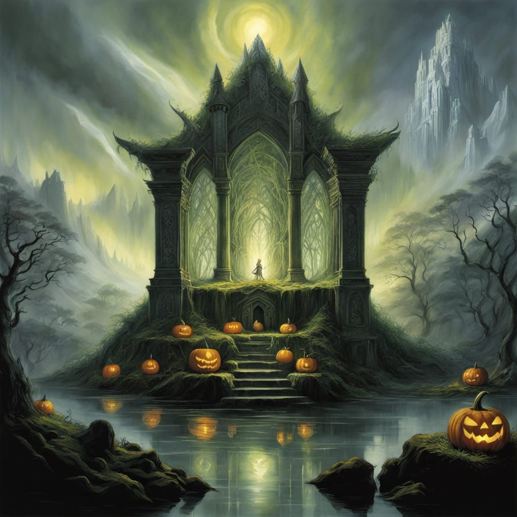 Mystical Glowing Pumpkins on Altar in Enchanted Forest