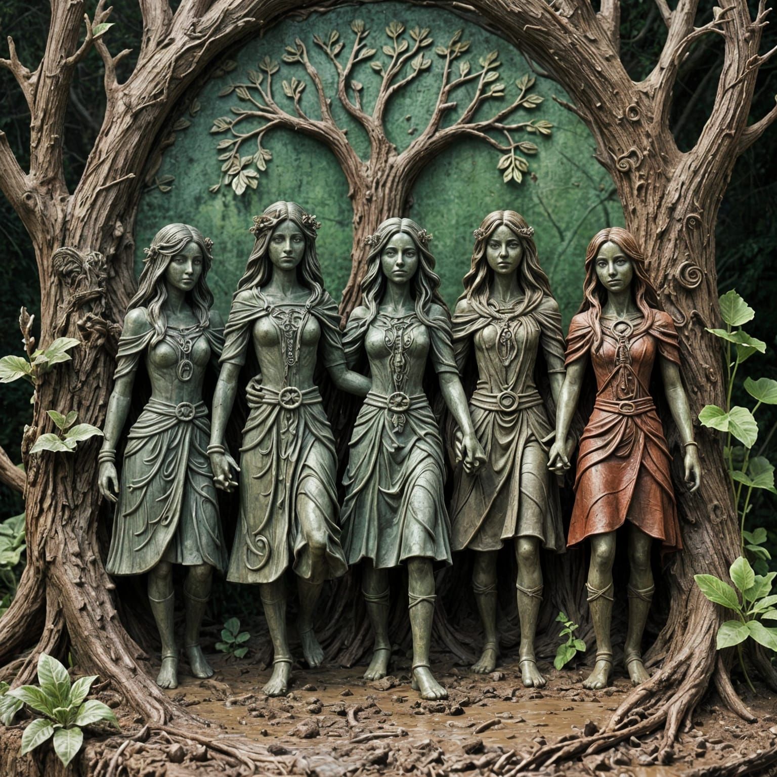 Diverse Friends United in Muddy, Sculptural Fantasy