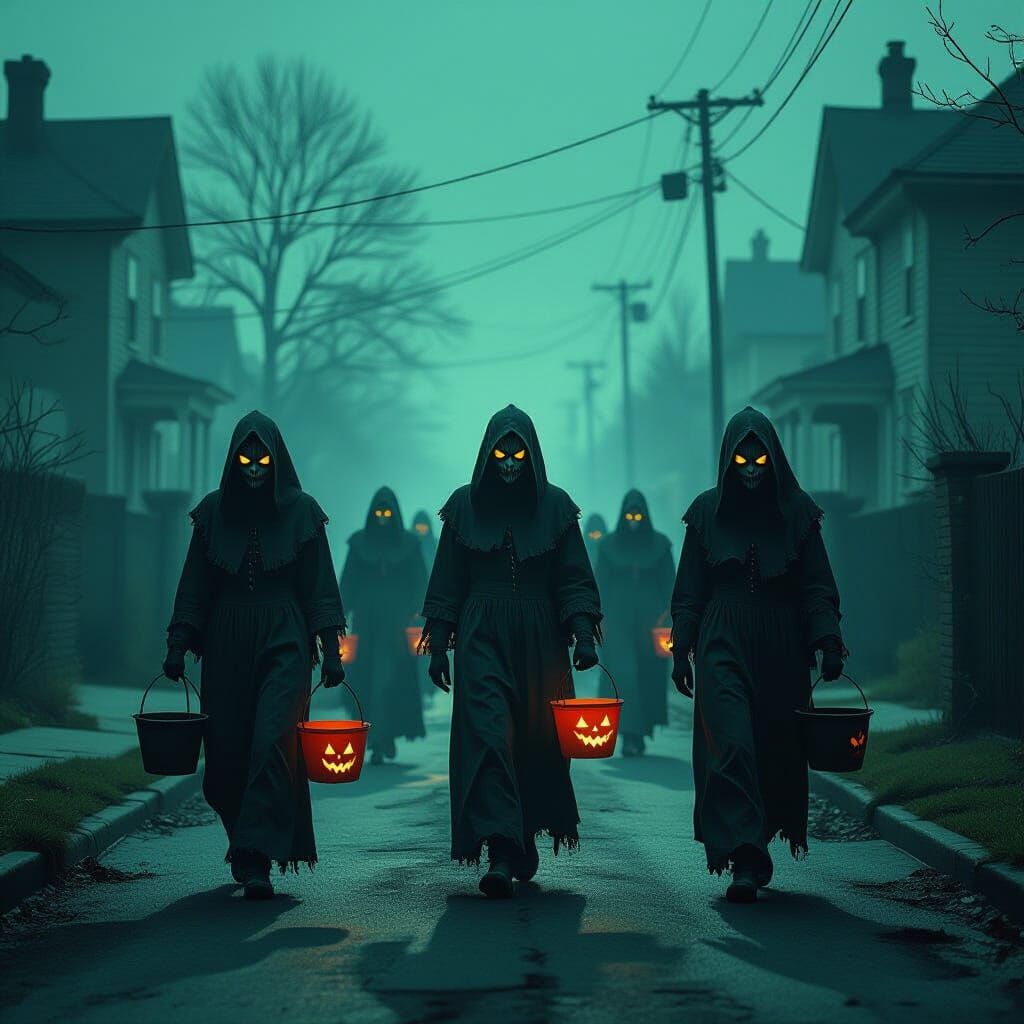 Distorted Halloween Figures on Foggy Street