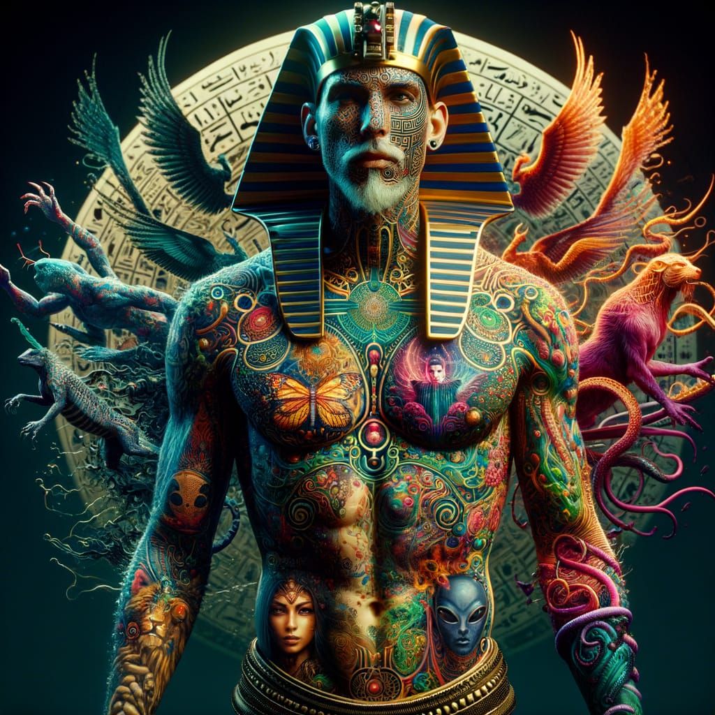 Vividly Tattooed Pharaoh with Dragons and Fairies