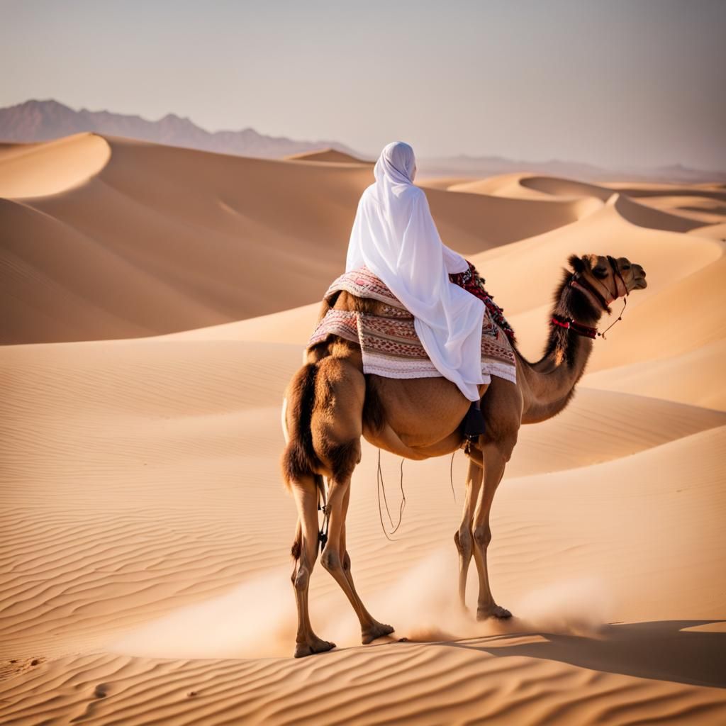 Woman in Keffiyeh Rides Camel in Desert