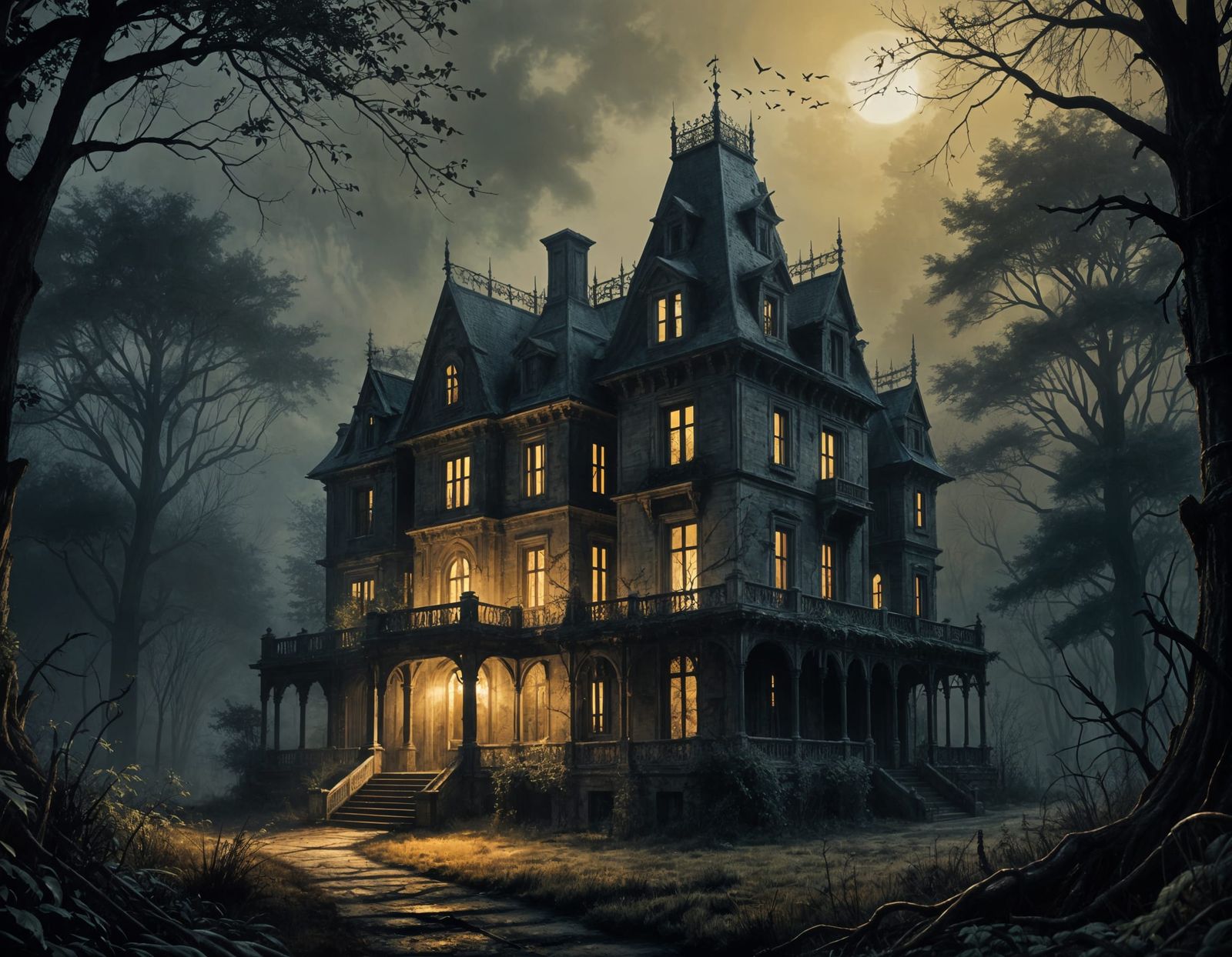 Gothic Ink Painting of Old Forest Mansion