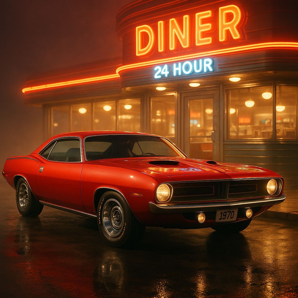Candy Apple Red 1970 Barracuda at Neon Diner