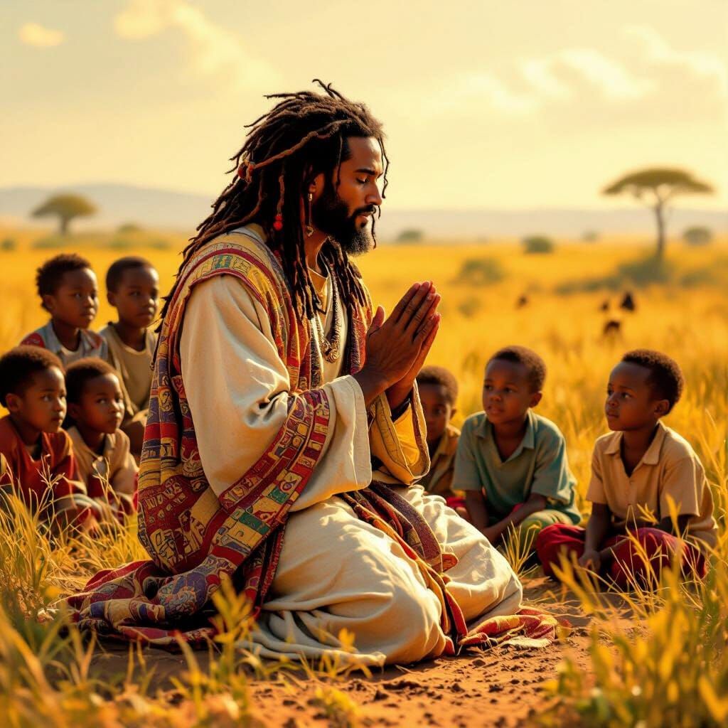 African Jesus Praying with Children in Vibrant Landscape