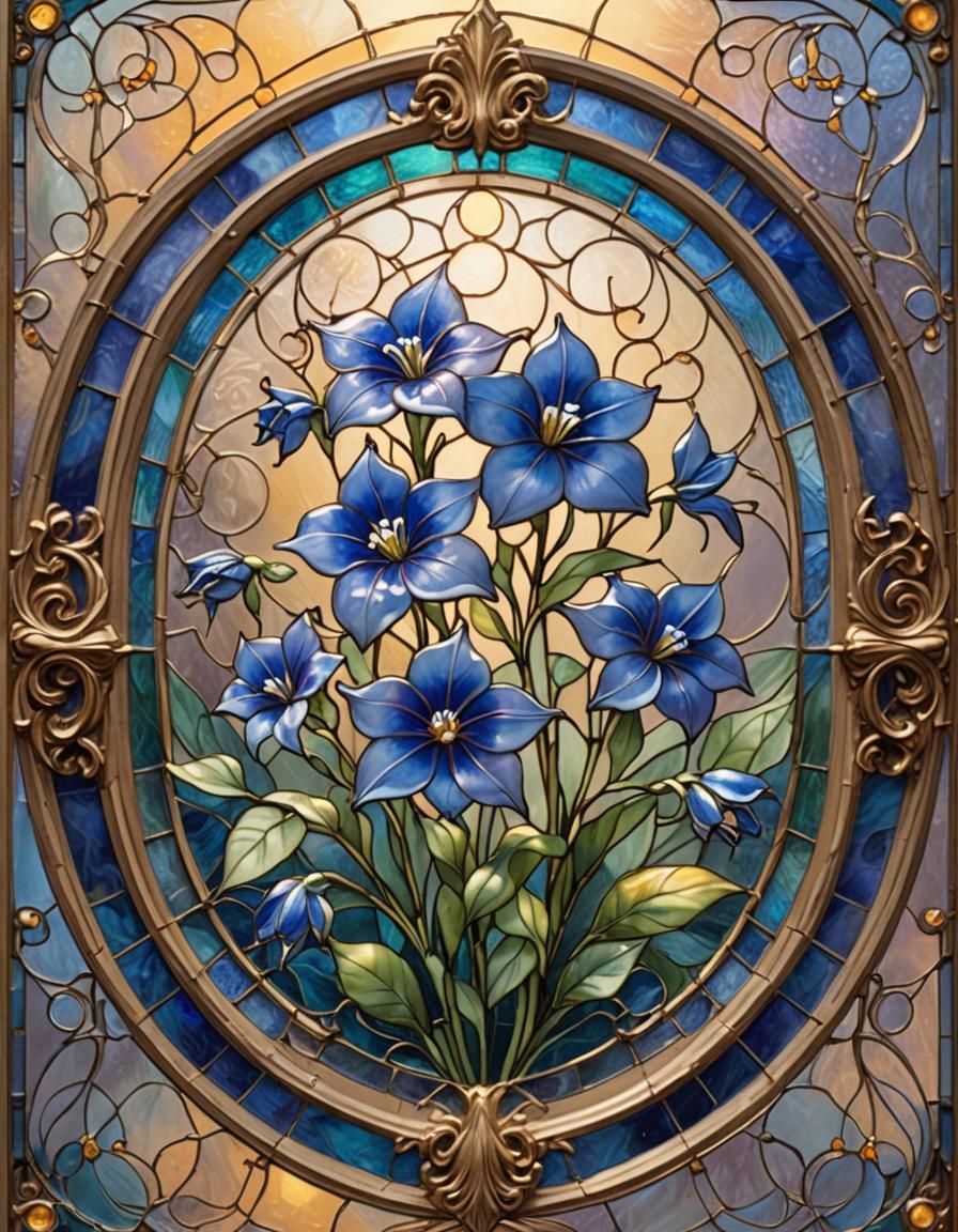 Ethereal Stained Glass Art of Blue Balloon Flower