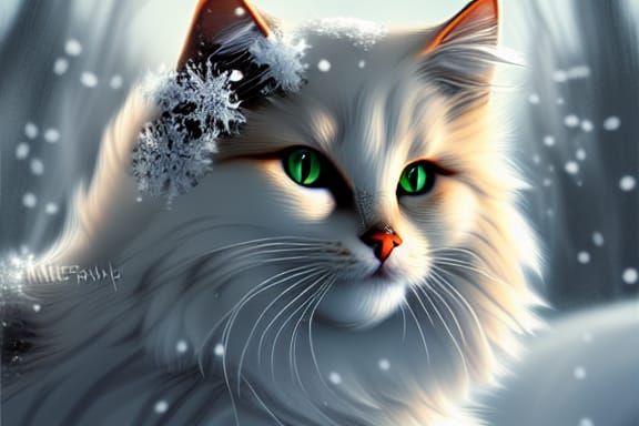 Fluffy Tabby Cat with Snow: Digital Painting