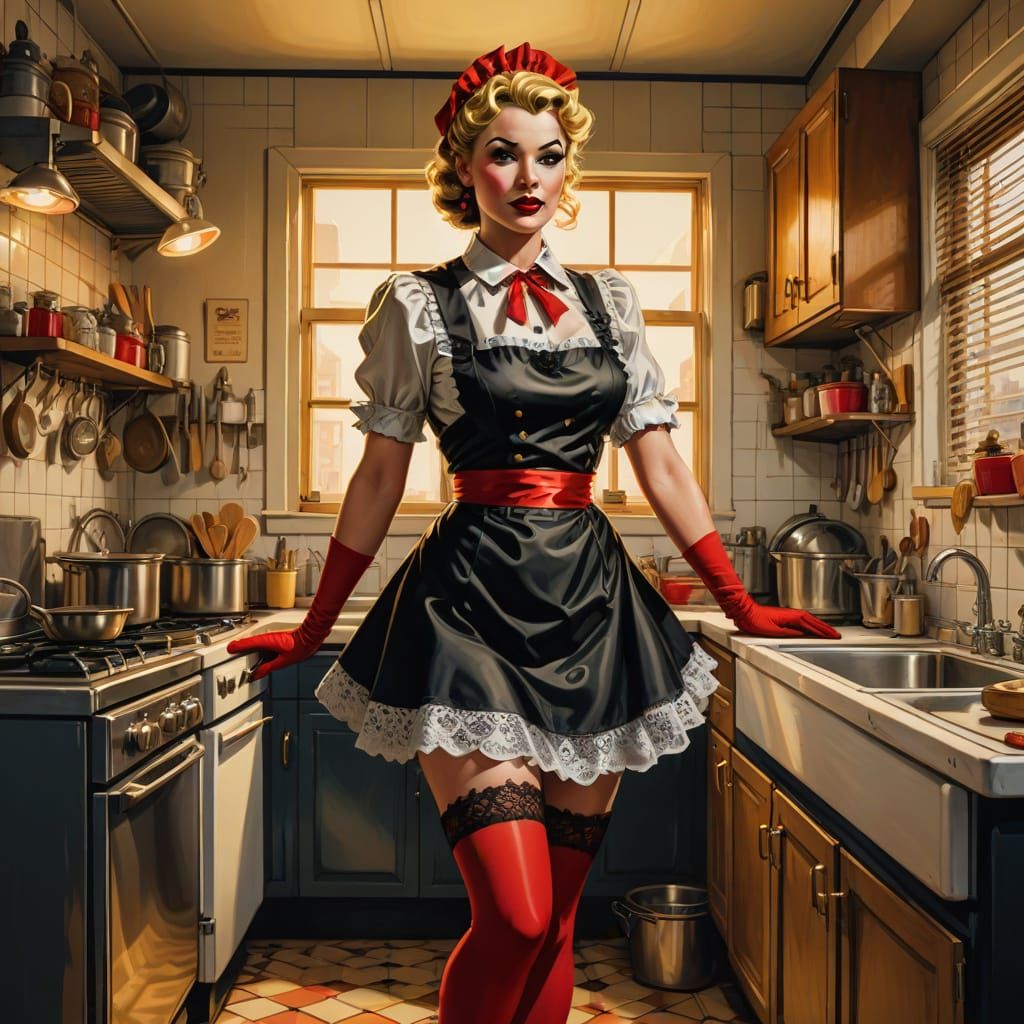 Comic Book Maid in Red Stockings Pin-Up