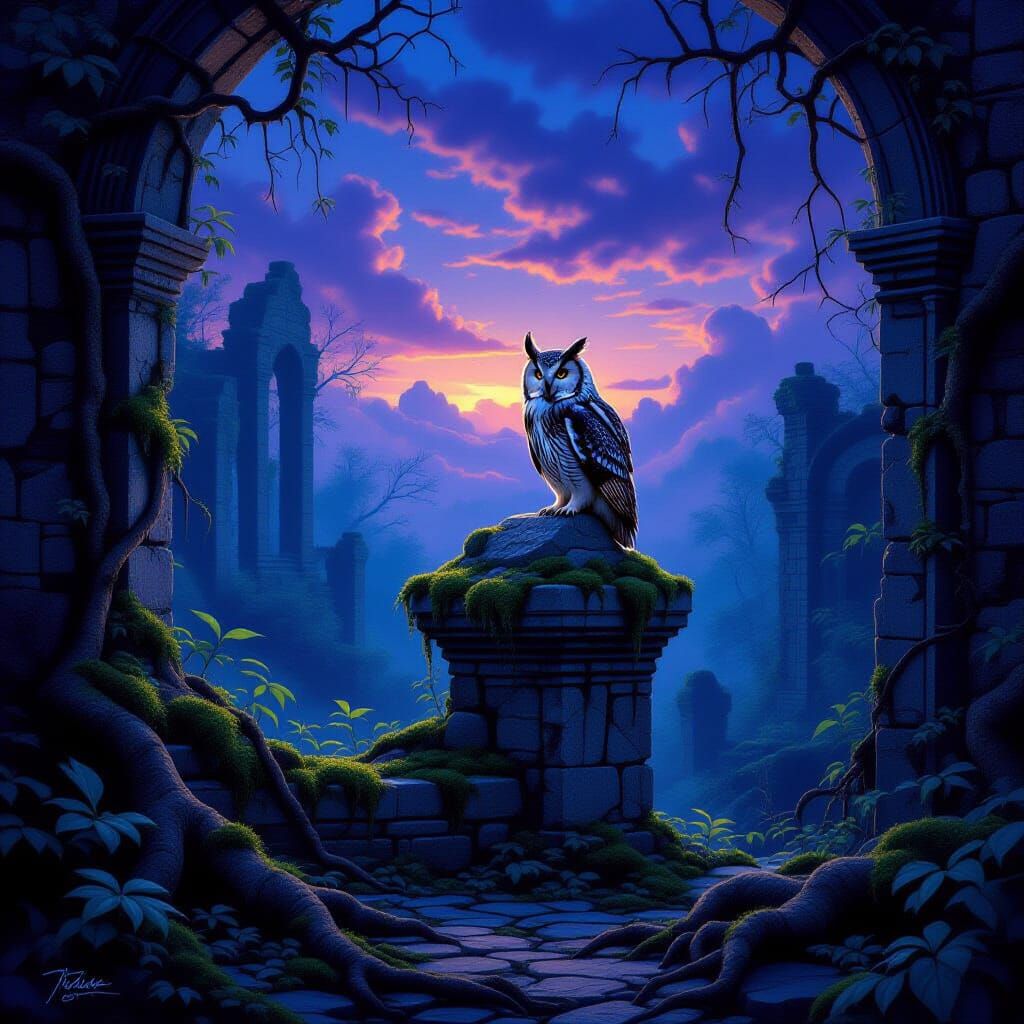 Solitary Owl on Ancient Stone in Magical Twilight Forest