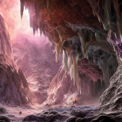 Vibrant Crystals Illuminate a Twisting Cave