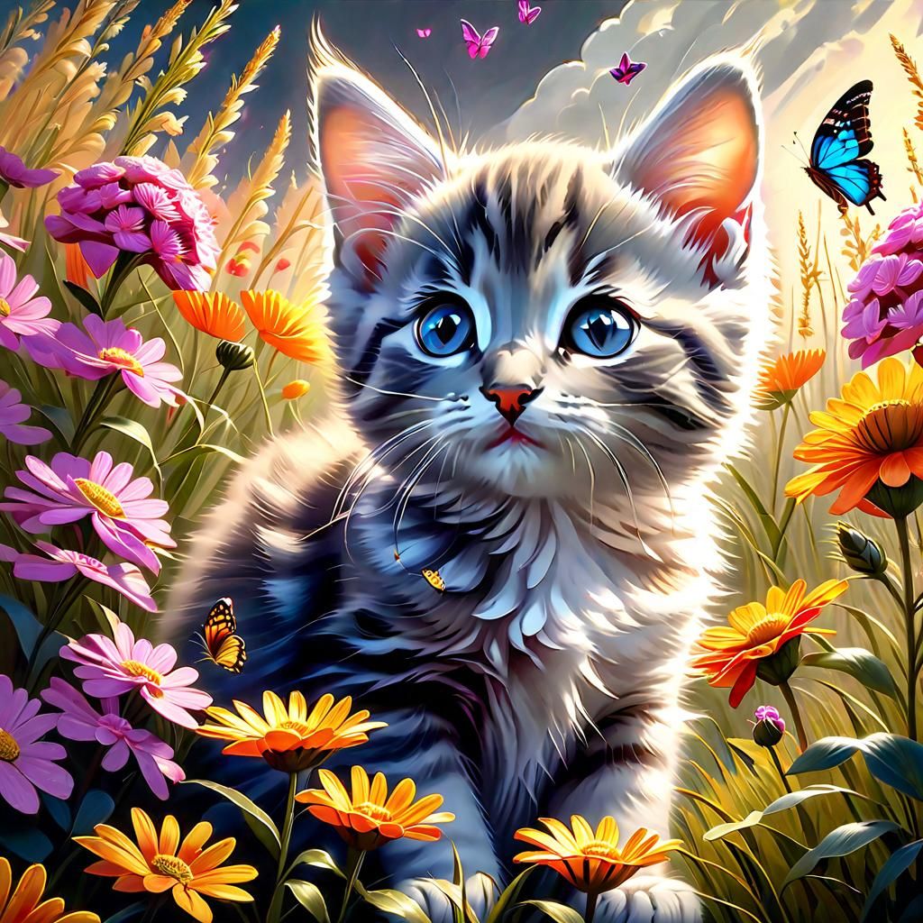 Tabby Kitten in Field of Flowers, Oil Painting
