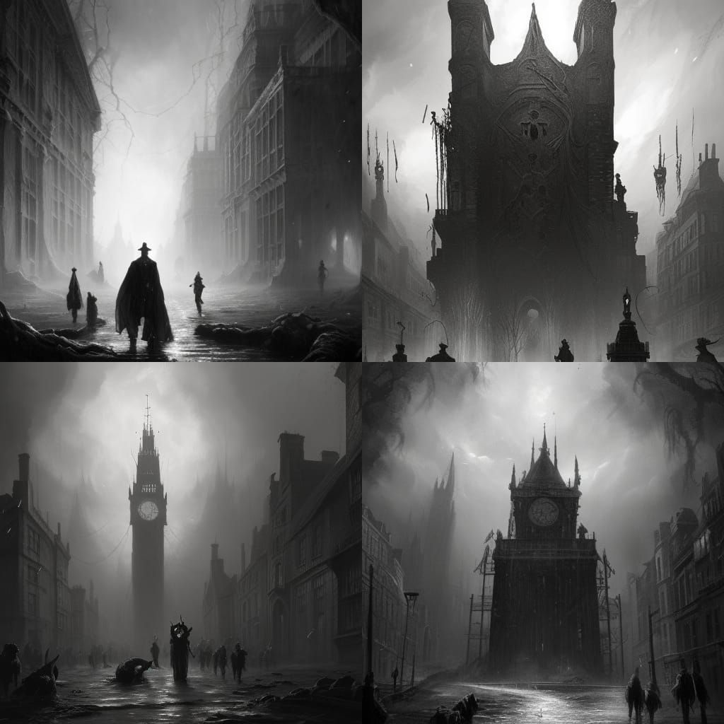 Lovecraftian horror set in 18th century London, black and white, gothic, nightmare