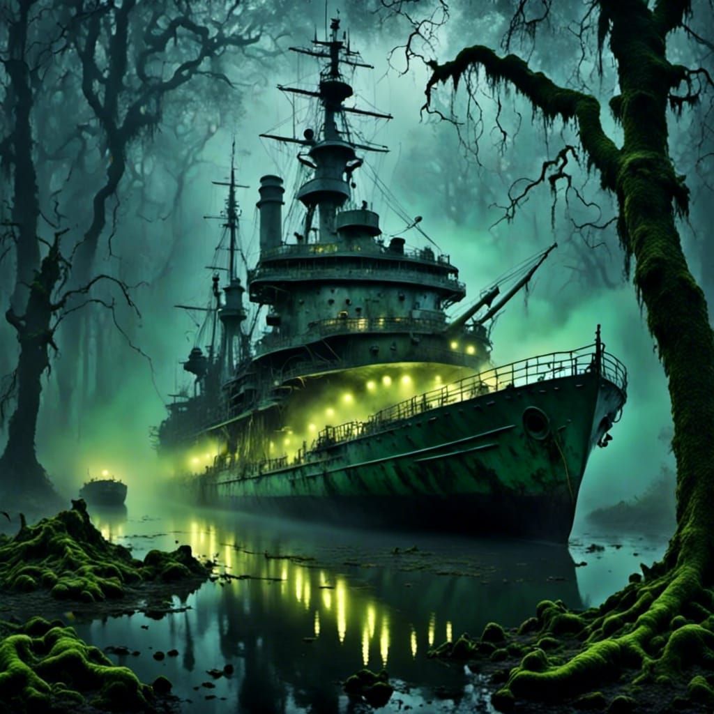 USS Eldridge Levitating in Bioluminescent Mist