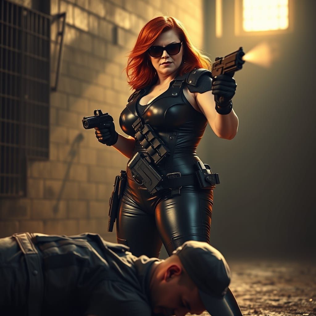 Fierce Female Prison Warden in Skintight Leather Armor