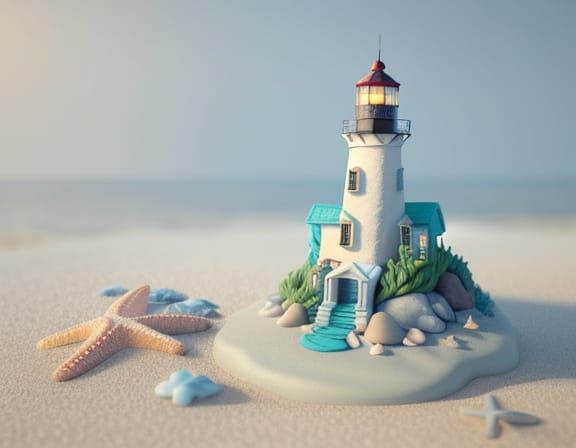 Whimsical Lighthouse Sculpture on Beach with Seashells