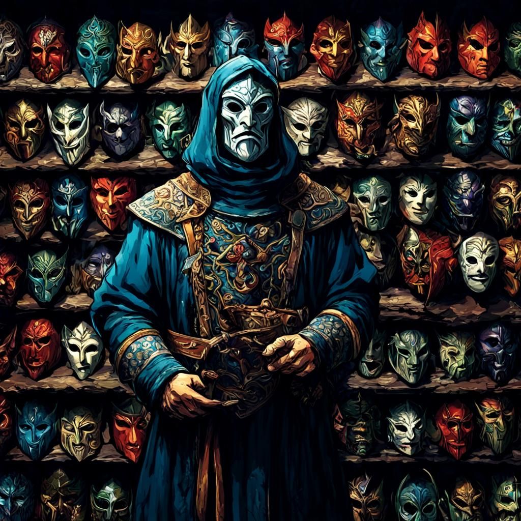 Medieval Peddler with Theater Masks, Comic Book Art