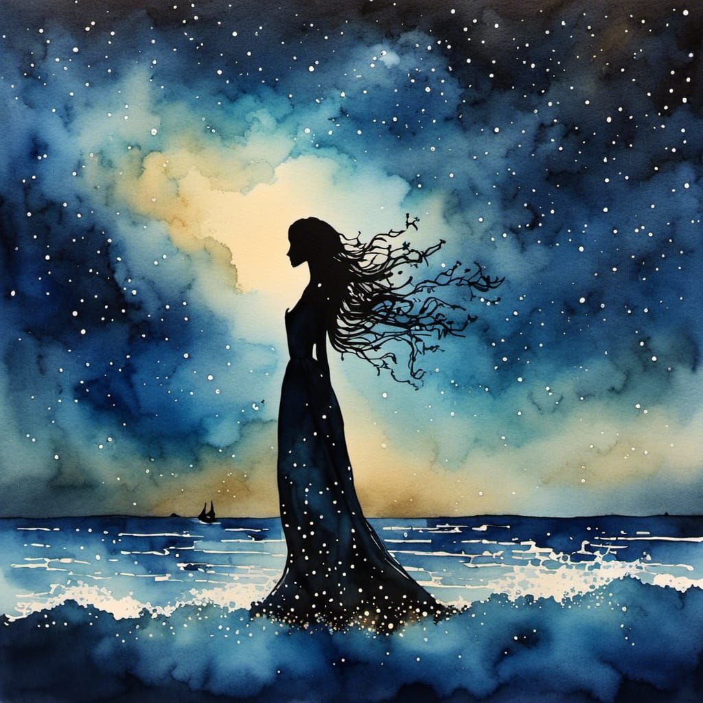 silhouette of a lonely young lady standing on a beach at night wearing a long flowing dress blowing in the wind : backli...