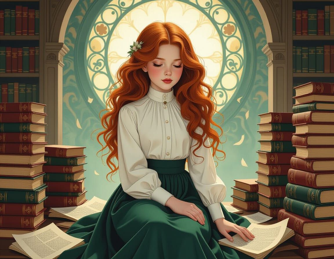 Ethereal Girl with Books in Art Nouveau Style