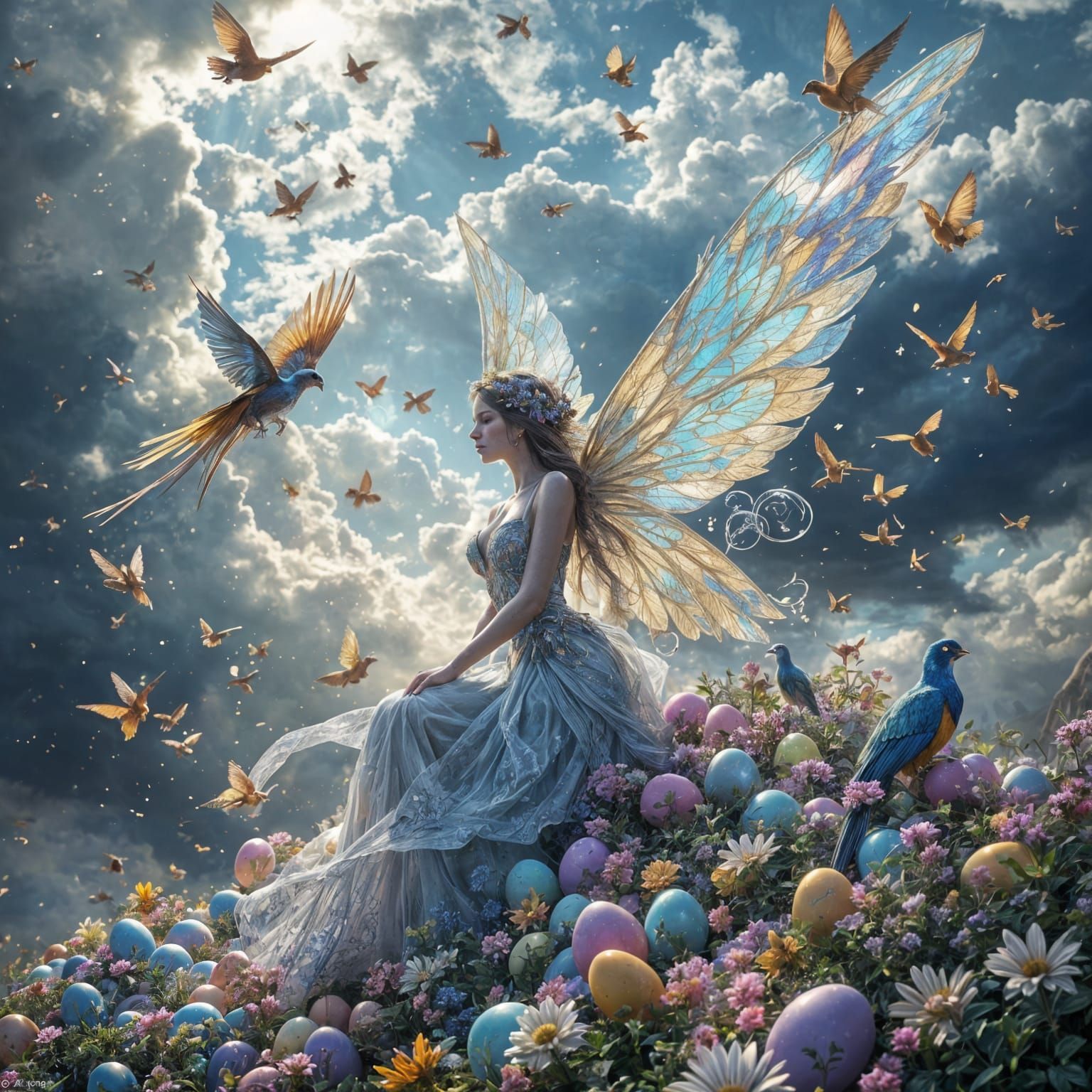 Ethereal Fairy Standing Amidst Vibrant Easter Egg Landscape