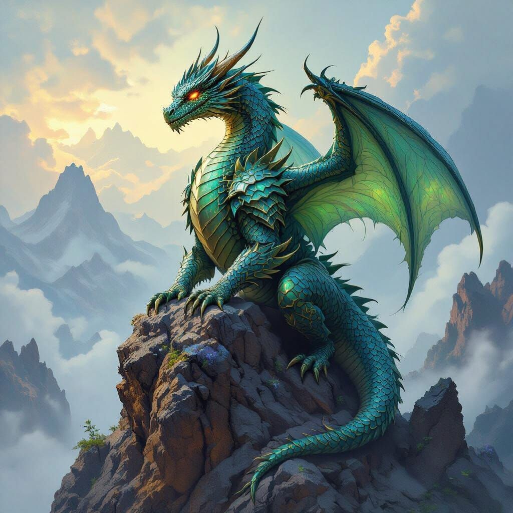 Ancient Dragon on Mountain Peak in Epic Fantasy Style