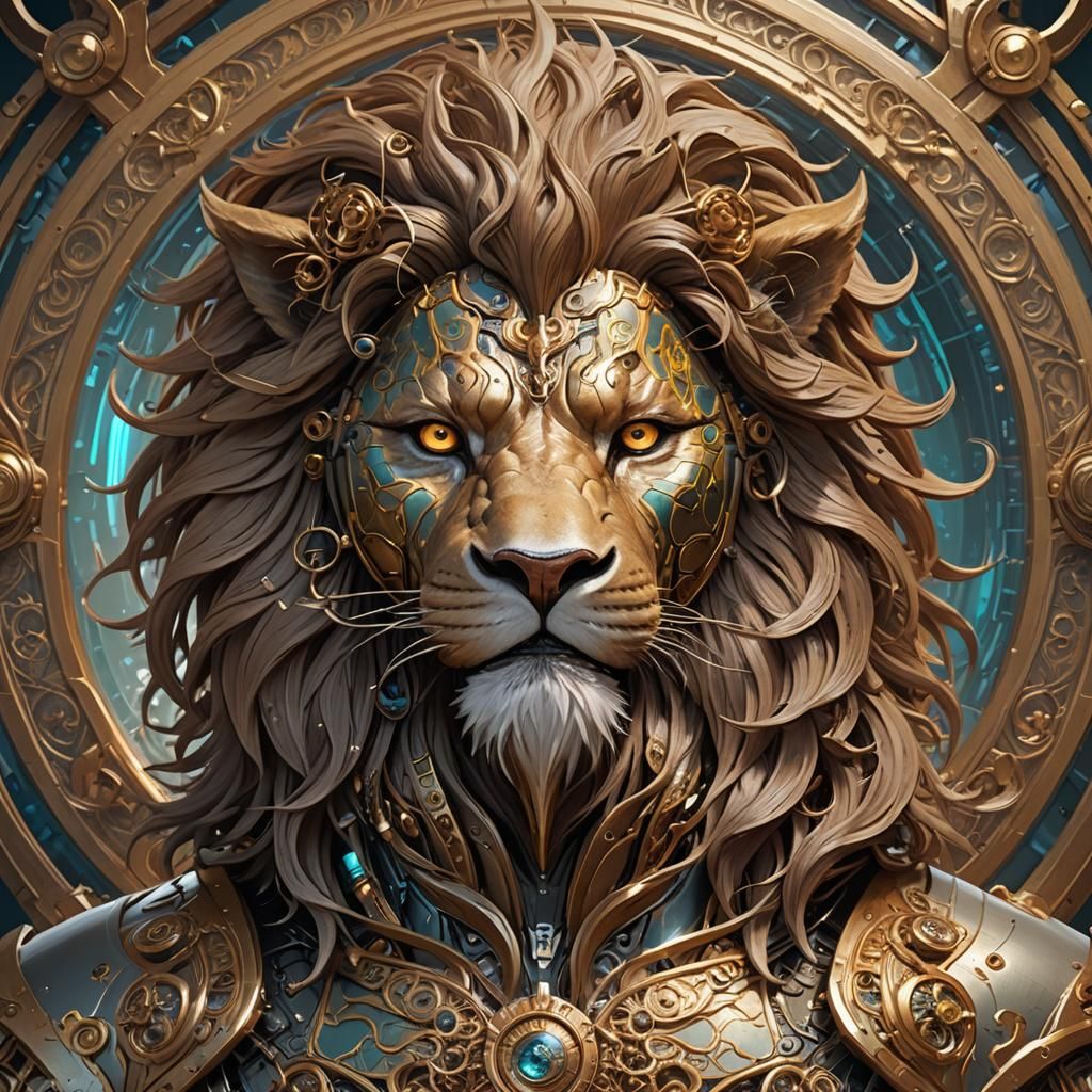 Cyborg Lion Portrait with Filigree, Detailed Digital Art