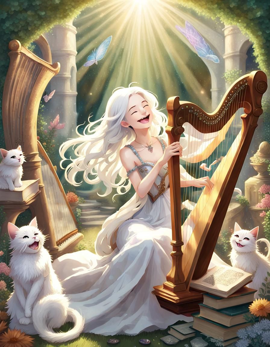Joyful Muse in Anime Style with Harp and Cat