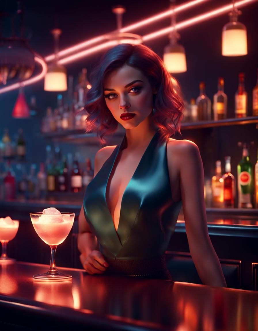 Glamorous Bartender in Atmospheric Lounge Illustration