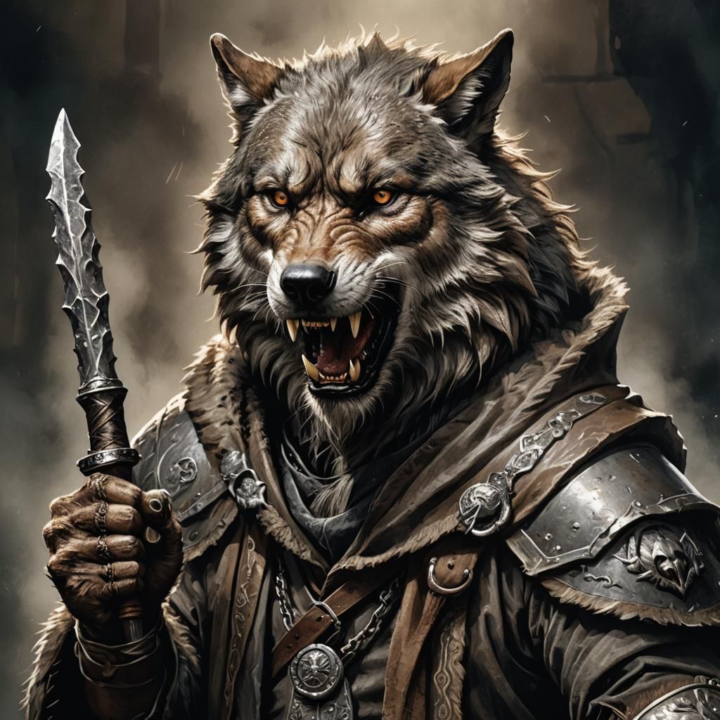 Wolfkin Warrior Portrait in Dark Fantasy Style