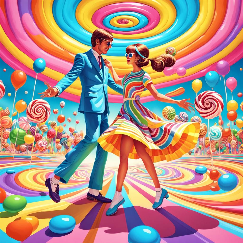 Psychedelic 60s Couple Dancing in Candy Art Style